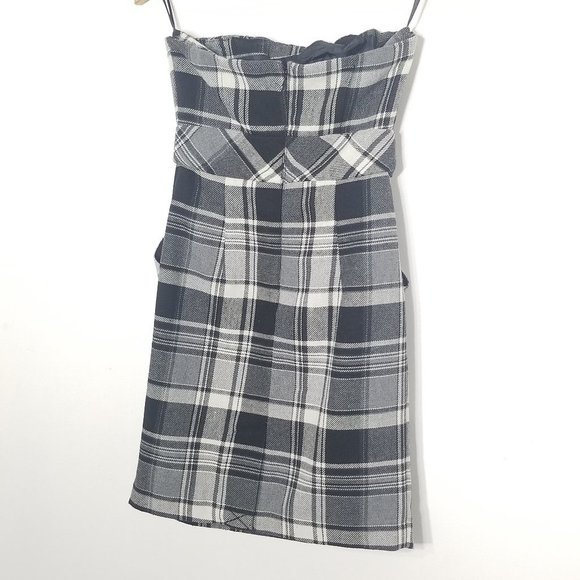 Dynamite Gray Black Plaid Strapless Mini Dress Pocket Wool Blend Zipper Back Y2K - Picture 6 of 9
